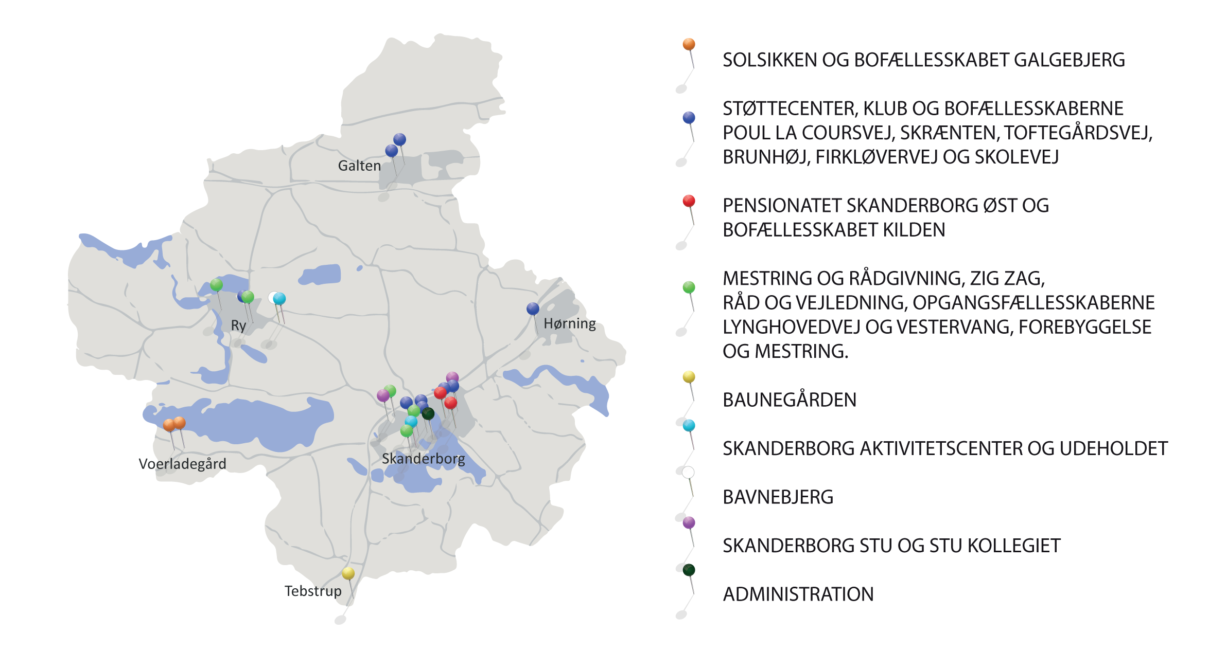 Kort over afdelingerne i Skanderborg Fællesskaberne